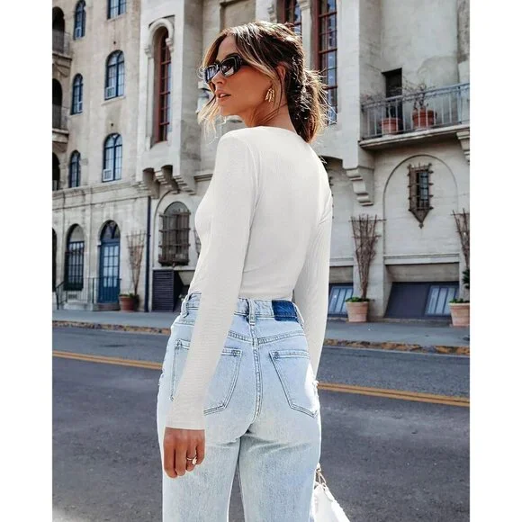 Long Sleeve Women Lace V Neck Ribbed Fitted Blouse Casual Work Top - Picture 8 of 9